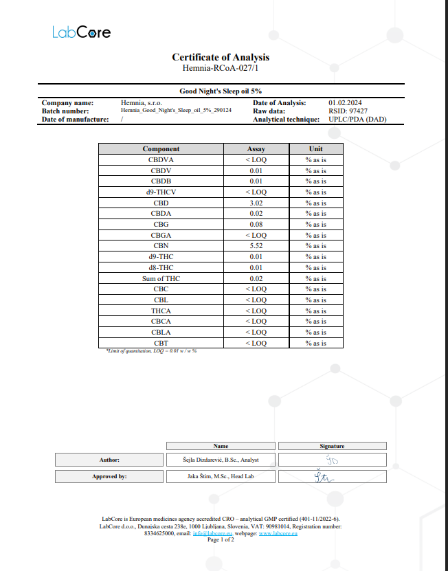 Hemnia Good Night's Sleep Hemp oil 5%, 500 mg CBN, 250 mg CBD, 10 ml