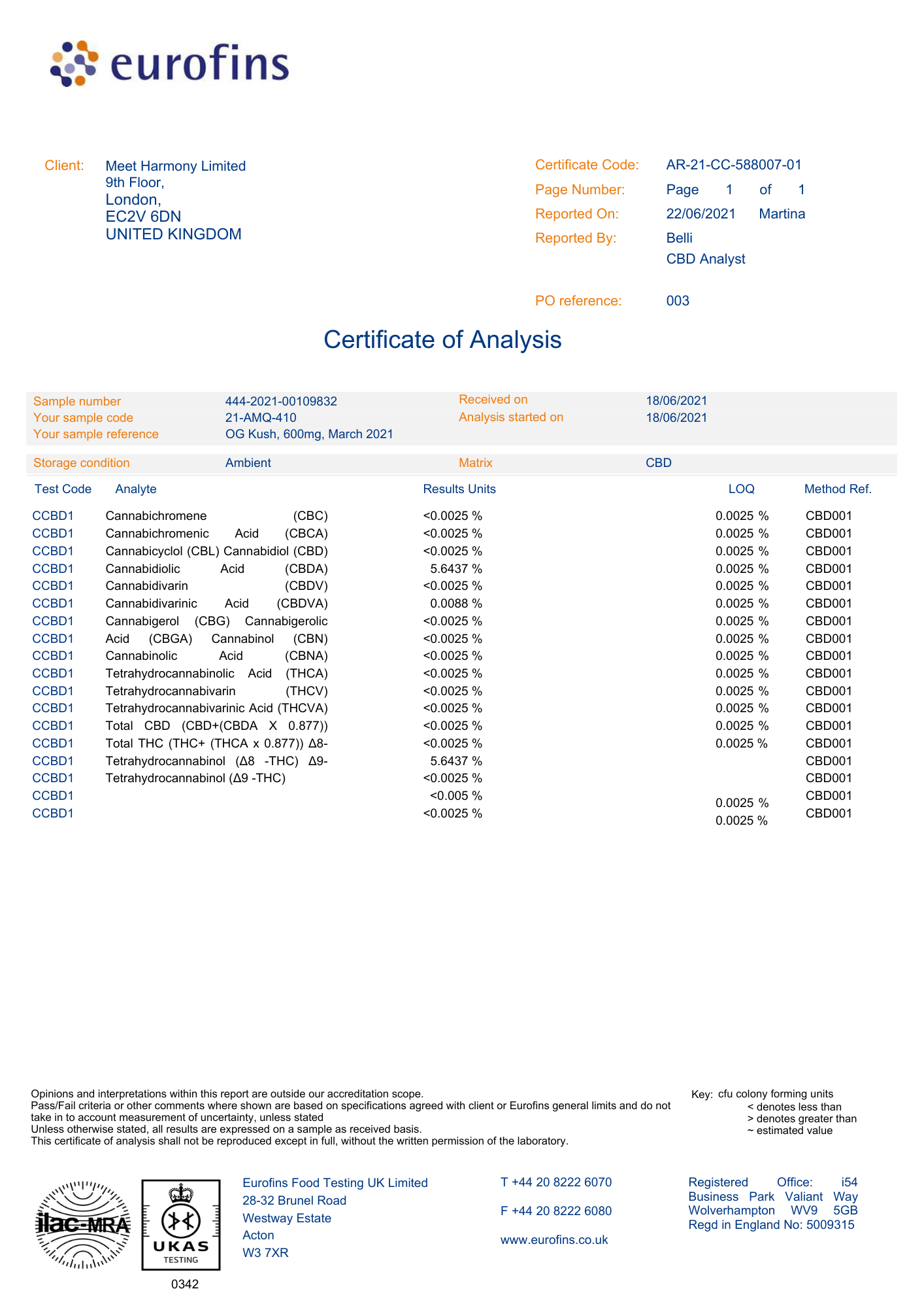 Harmony CBD Liquid O.G. Kush 10ml, 30-600 mg CBD