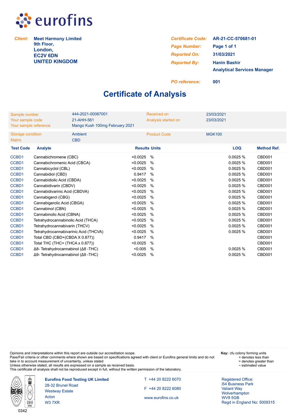 Harmony CBD Liquid Mango Kush 10ml, 30-600 mg CBD